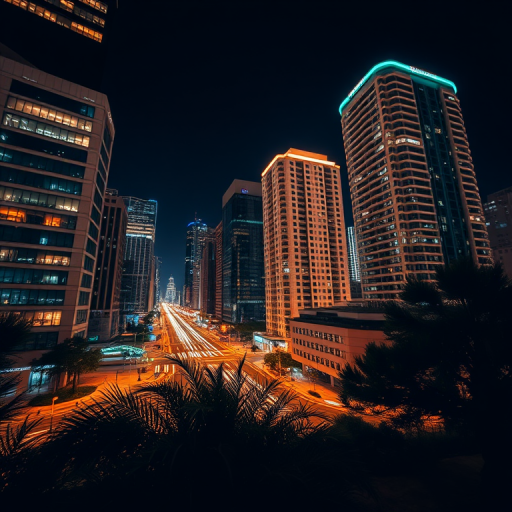 Generate a high-resolution night cityscape image with illuminated buildings, using a DSLR camera at f/8 aperture, ISO 400, 30 seconds exposure, shot from a low angle perspective with a wide-angle lens.
