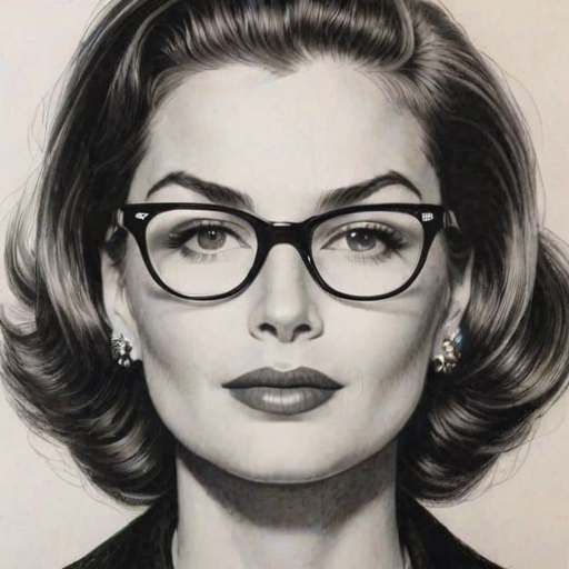 Gorgeous Bobbie Brown, pencil sketch, portrait of Pleasing woman 1954s in glasses, hair style beatnik, outline, clear lines, fine lines, 8k