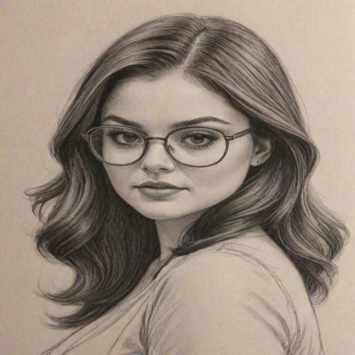 Appealing Ariel Winter, pencil sketch, portrait of Bewitching woman 1976s in glasses, hair style beatnik, outline, clear lines, fine lines, 8k
