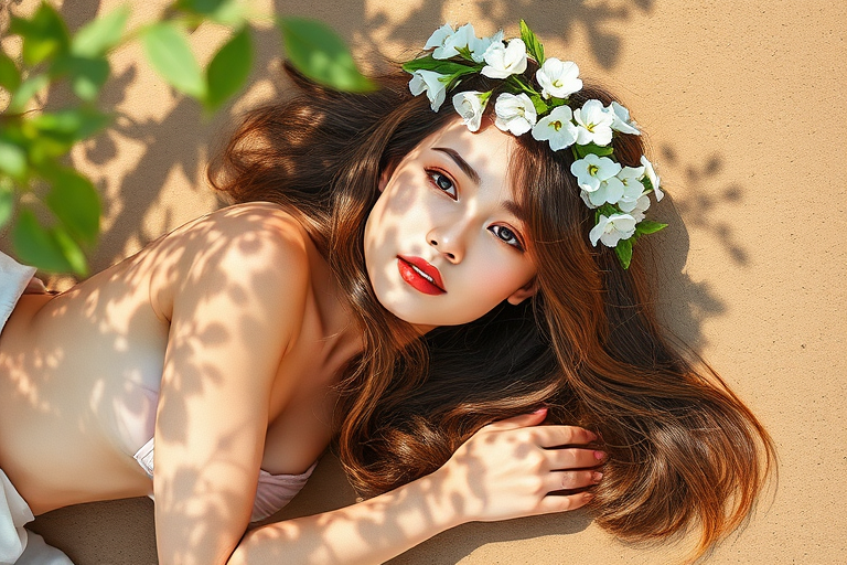 create a watercolor painting of an ethereal portrait of beautiful Turkmen woman with a simple white flower crown on her head. Her hair is long and she is lying on the ground. The sunlight on the trees casts shadows from the leaves on her face and body. The background is a neutral brown color that matches her skin tone. The image is minimalist and solid colors. This style is characterized by soft, delicate brushstrokes and a light, airy, contrasting color palette. High level of detail and play of light