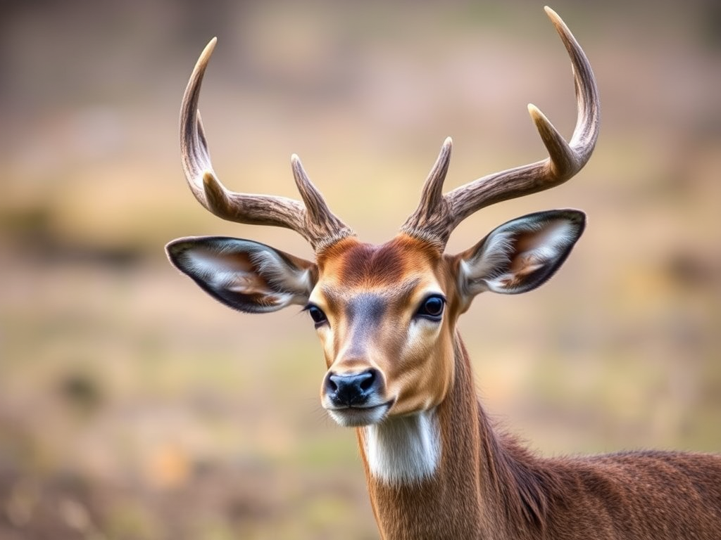 Create a high-quality image of a deer with pronounced horns in a natural setting, using a DSLR camera with a 50mm lens, aperture set to f/2.8 for shallow depth of field, ISO 200 for reduced noise, and a soft focus background to enhance detail and clarity.