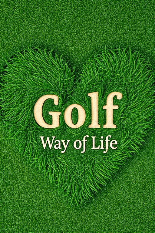 Create an image of a heart-shaped design made of lush green grass with the word "golf" in a sandy texture and the phrase "Way of Life" in an elegant script, captured using a DSLR camera at f/2.8 aperture, 50mm lens, ISO 100, and a top-down view for enhanced detail and color vibrancy.
