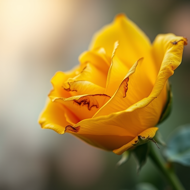 macro shot of a wilted yellow rose with soft blurred background, ISO 200, aperture f/2.8, shutter speed 1/125s, natural light, DSLR camera