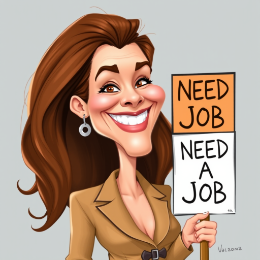 caricature of a smiling Julianne Moore in a Tan dress or suit, holding up a sign that says "NEED A JOB", no watermark,