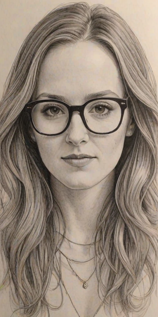 Delightful Ingrid Michaelson, pencil sketch, portrait of Enchanting woman 1974s in glasses, hair style beatnik, outline, clear lines, fine lines, 8k