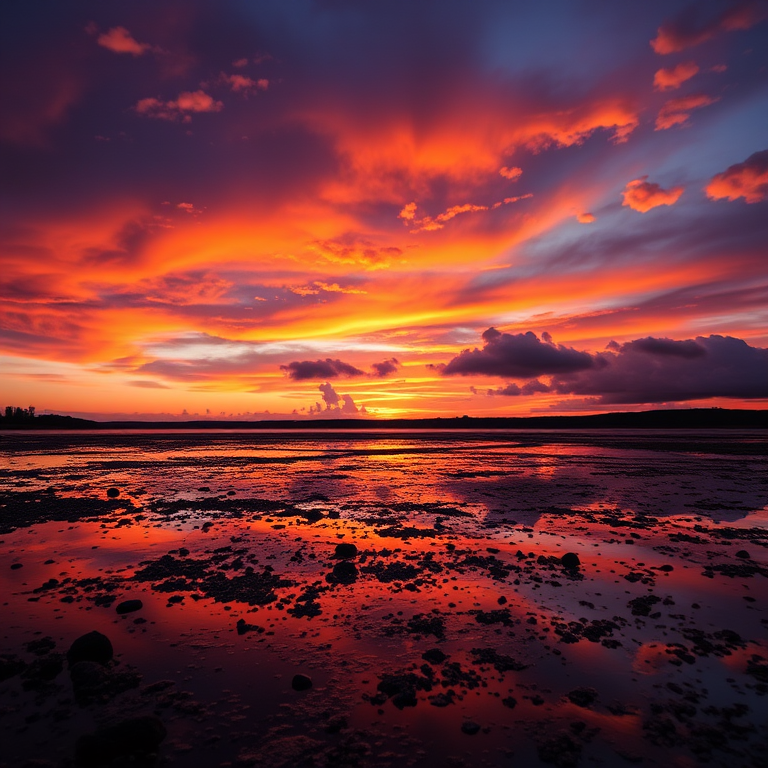 Create a vibrant sunset landscape with rich oranges and purples in the sky, reflecting in calm waters, shot with a Canon EOS R5 at f/11, ISO 100, 1/200 sec, using a wide-angle lens at 24mm, from a low perspective to emphasize the foreground.