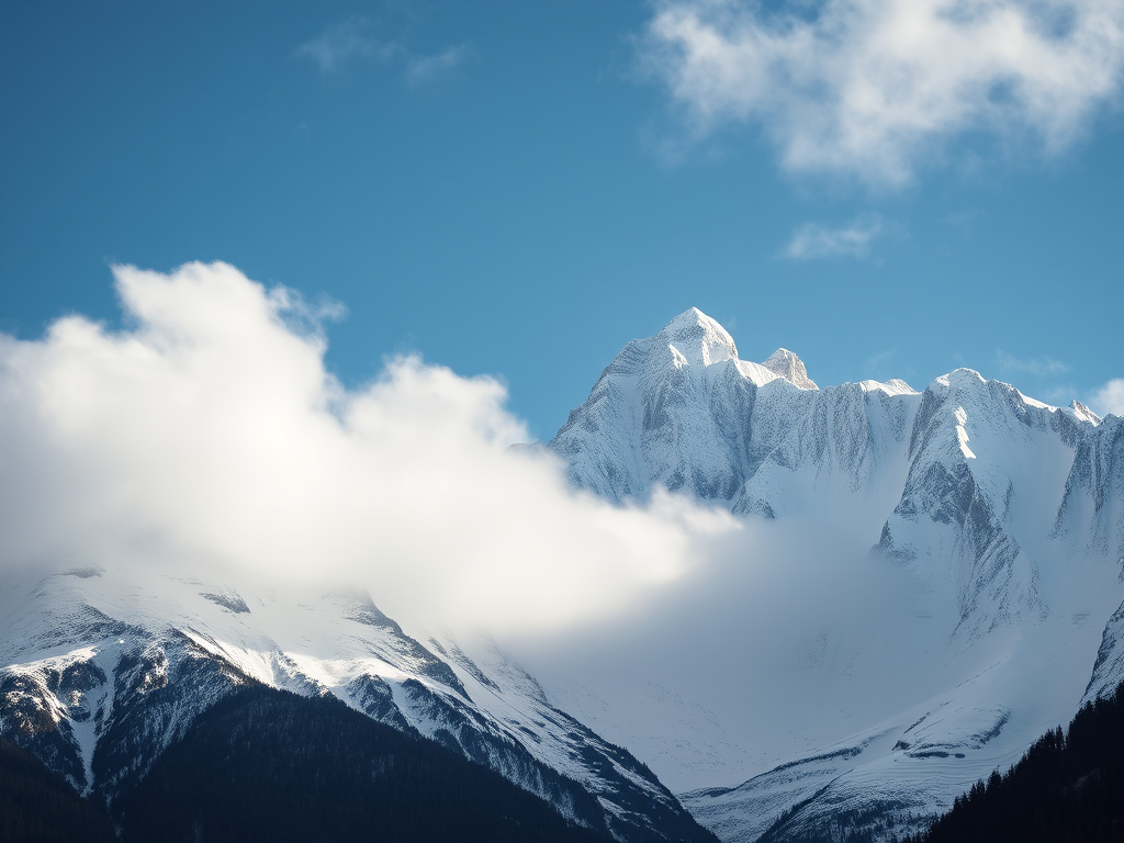 mountain landscape covered in snow with clouds partially obscuring the peaks, natural light, ISO 100, f/8, 1/250s, shot with a DSLR camera from a low angle for dramatic effect