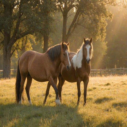 two horses nuzzling each other in a grassy landscape during golden hour with soft sunlight illuminating their coats