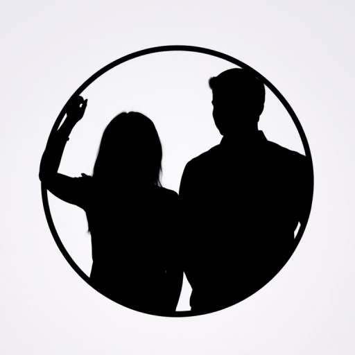 Generate two silhouettes of people in a circular format with a plain background, using a DSLR camera with a 50mm lens at f/1.8, ISO 100, aperture priority mode, and a soft focus style for enhanced image quality.