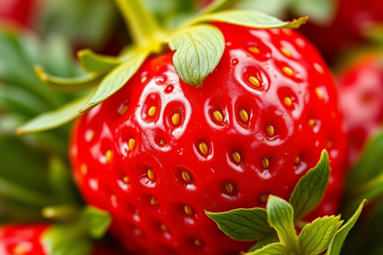 Create a vibrant, high-resolution illustration of a strawberry with a bright red body adorned with white polka dots and lush green leaves, captured in a macro close-up view using a DSLR camera, ISO 100, aperture f/2.8, and a focal length of 100mm for enhanced detail and clarity.
