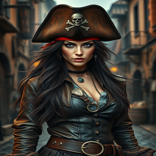 Create a portrait of a fierce female pirate. She wears a leather tricorn hat adorned with a skull and crossbones emblem, and her long, dark hair flows around her face. Her outfit consists of a richly detailed leather jacket, a corset, and multiple layers of belts and accessories, giving her a formidable and stylish appearance. She stands confidently in a dimly lit, historic port town, with a backdrop of weathered buildings and cobblestone streets, capturing the adventurous spirit of a pirate.