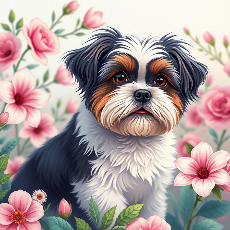 Create a high-resolution, vibrant illustration of a Shih Tzu sitting amid a floral background with pink and white flowers, using a digital art style; simulate a close-up view with a soft-focus effect and a canvas texture to enhance depth and detail.