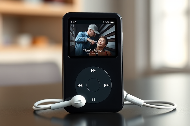 Create a high-resolution digital illustration of a black iPod with a detailed screen displaying a music menu, white earbuds attached, using a 50mm lens at f/2.8, with soft natural lighting and perspective view from slightly above.