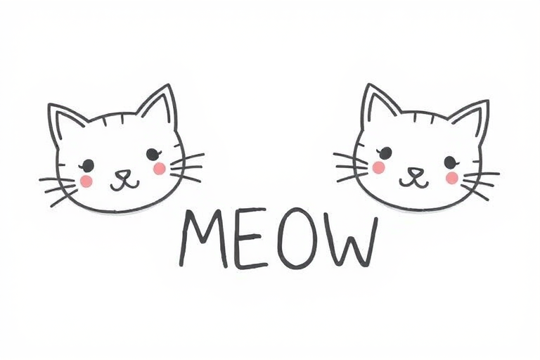 Draw two cute cat faces with simple features on either side of the word MEOW written in a playful font. The cats should have pointy ears, whiskers, and blushing cheeks, while the background should be plain and light-colored.