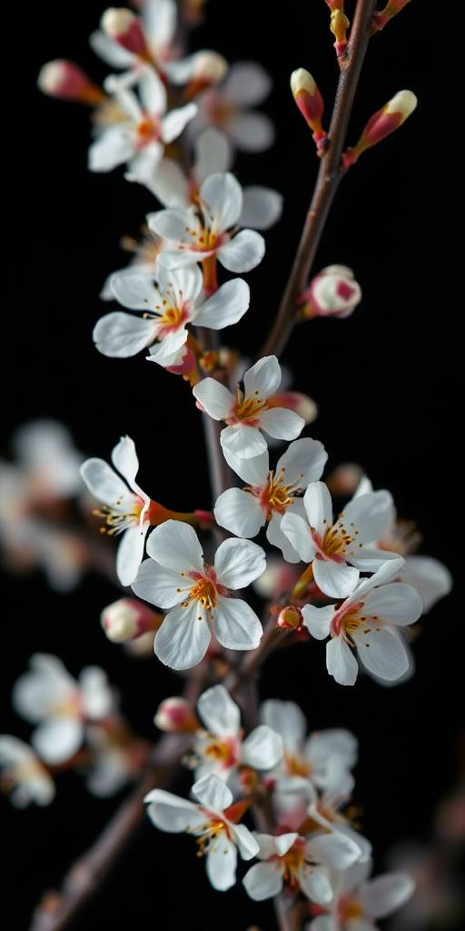 A close-up shot of cherry blossom branches with white flowers against a black background, taken with a macro lens, f/2.8 aperture, ISO 100, 1/200 sec shutter speed, using a DSLR camera for enhanced detail and clarity.