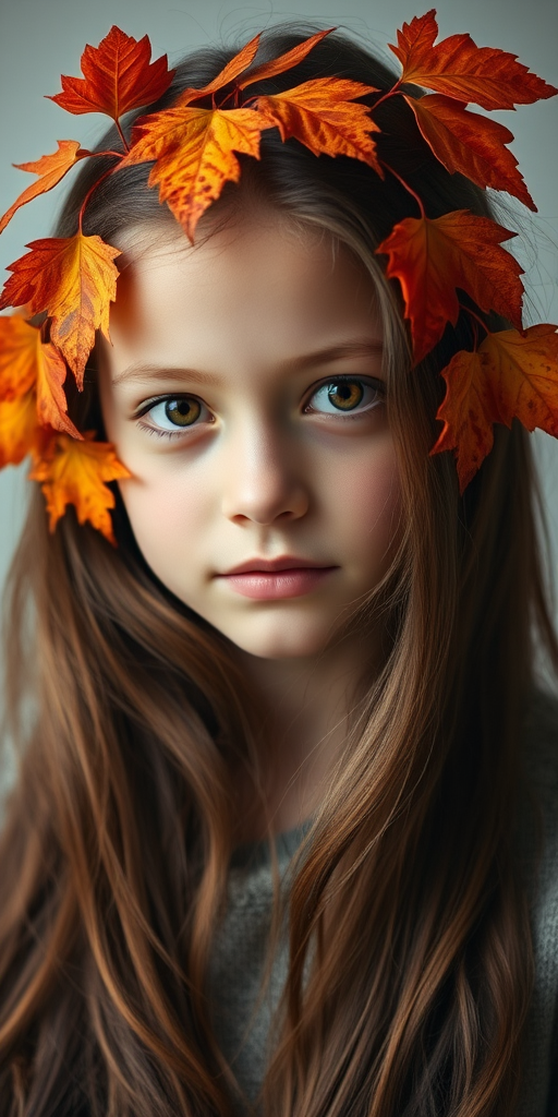 Create a portrait of a girl with long flowing hair adorned with vibrant autumn leaves, soft focus, natural light, 50mm lens, f/1.8 aperture, ISO 200, slight bokeh effect, studio setting.