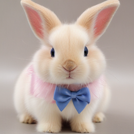 A cute rabbit, with light pink fur, blue eyes, with a dark pink bow ...