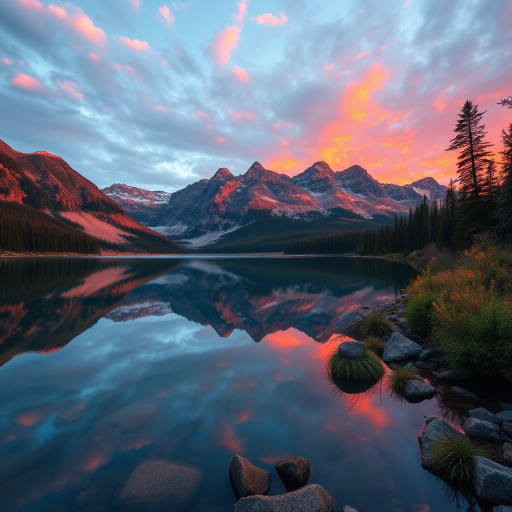 Create a detailed, high-resolution landscape image of a serene mountain lake during sunrise with vibrant colors, using a Canon EOS R5, ISO 100, f/8 aperture, 1/125 sec shutter speed, wide-angle lens at 24mm, focused on capturing the reflection of the mountains and trees in the water.