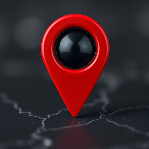 Create a high-resolution image of a red location pin with a black center, shot in 4K resolution using a DSLR camera, f/2.8 aperture, ISO 100, 35mm lens, with a shallow depth of field and soft background blur to enhance clarity and focus on the pin.