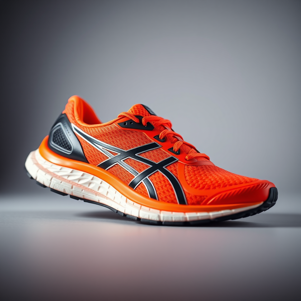Create a high-resolution image of a vibrant orange running shoe with black and silver accents, using a DSLR camera at f/4 aperture, 1/200 sec shutter speed, ISO 200, in an angled side view, with a studio lighting setup to enhance colors and texture.