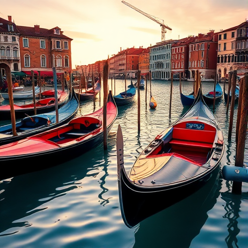 Regenerate the image of colorful gondolas moored in a Venetian lagoon with buildings in the background, using a Canon EOS R5 camera, 50mm lens, f/8 aperture, ISO 100, shot at sunrise with a shallow depth of field in a watercolor style.