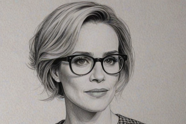 Gorgeous Sarah Paulson, pencil sketch, portrait of Resplendent woman 1979s in glasses, hair style beatnik, outline, clear lines, fine lines, 8k