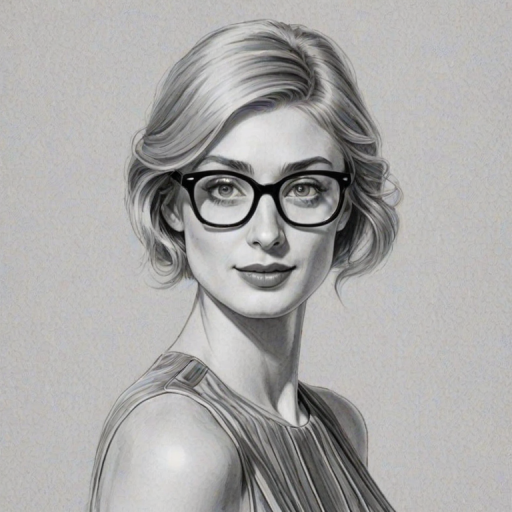 Radiant Elizabeth Debicki, pencil sketch, portrait of Elegant woman 1969s in glasses, hair style beatnik, outline, clear lines, fine lines, 8k
