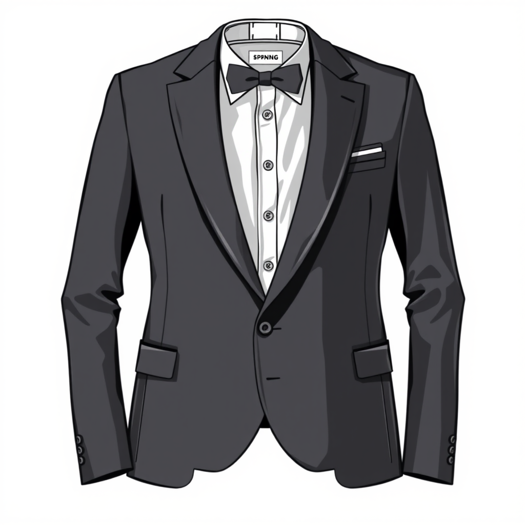 Create a high-resolution vector illustration of a formal suit jacket with fine details, using a DSLR camera with a 50mm lens, aperture f/2.8, ISO 100, shot from a straight-on view against a plain background for enhanced clarity and contrast.