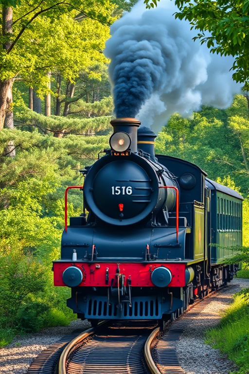 Vintage steam locomotive traveling through a lush forest, captured with a Canon EOS 5D Mark IV, 50mm lens, f/8 aperture, ISO 100, natural light, showcasing vivid colors and intricate details.