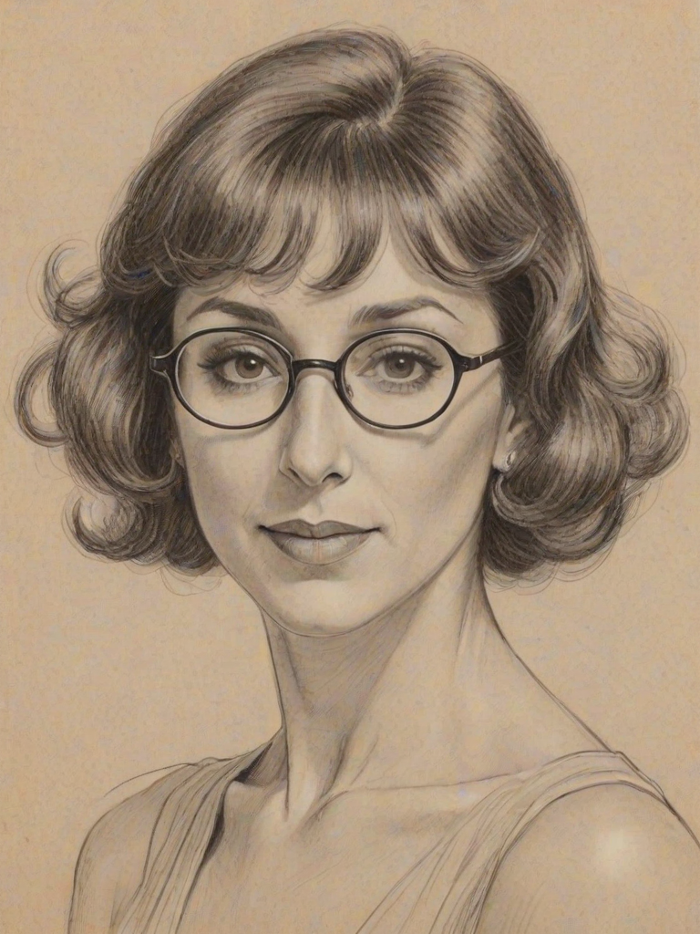 Fetching Andrea Martin, pencil sketch, portrait of Graceful woman 1931s in glasses, hair style beatnik, outline, clear lines, fine lines, 8k
