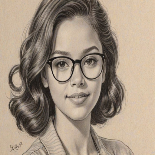 Charming Jenna Ortega, pencil sketch, portrait of Enticing woman 1953s in glasses, hair style beatnik, outline, clear lines, fine lines, 8k