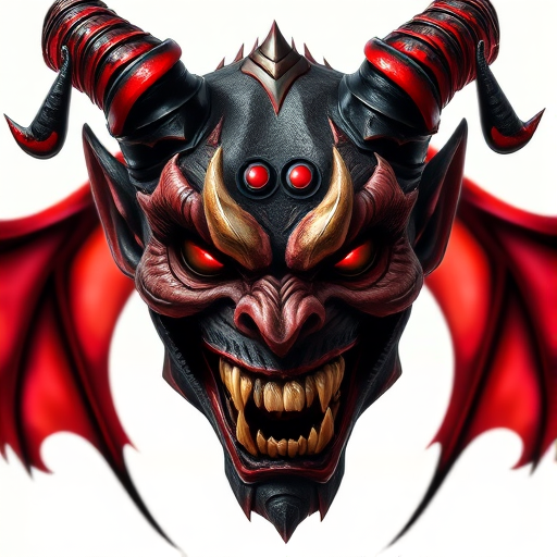 Create a highly detailed digital illustration of a menacing demon face with exaggerated red eyes, sharp teeth, and intricate black and red horns on a transparent background, shot with a Canon EOS R5 at f/2.8, ISO 100, 50mm lens, in a close-up view, using soft lighting to accentuate the features and create a dramatic effect.