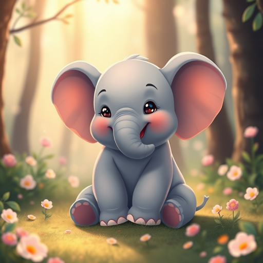 Create a cute illustration of a smiling baby elephant sitting in a soft, magical forest setting with sparkling lights and gentle flowers, using a Canon EOS 5D Mark IV with a 50mm f/1.8 lens, f/2.8 aperture, ISO 100, and a natural light style for vibrant colors and enhanced detail.