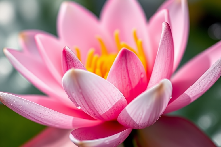 close-up of a pink water lily with water droplets on petals, soft bokeh background, aperture f/2.8, shutter speed 1/200s, ISO 100, macro lens, DSLR camera, natural lighting