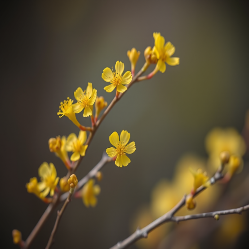 Create an artistic image of delicate yellow flowers on slender branches with a soft-focus background, using a Canon EOS R6 camera, focal length 50mm, aperture f/2.8, ISO 100, and a macro lens to enhance detail and create vibrant colors with a painterly effect.