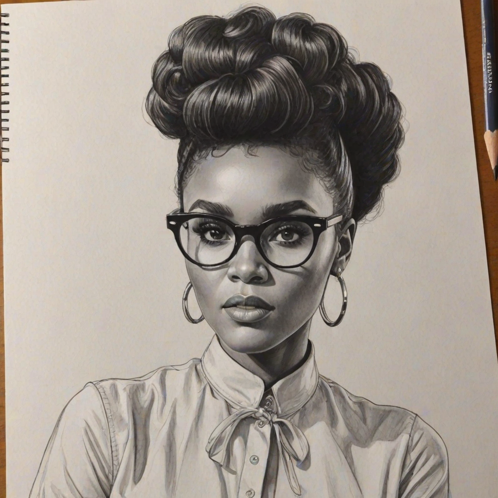 Splendid Janelle Monae, pencil sketch, portrait of Bewitching woman 1963s in glasses, hair style beatnik, outline, clear lines, fine lines, 8k