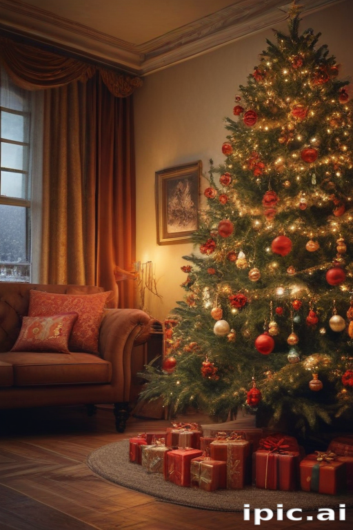A Cozy Living Room Decorated for Christmas with a Beautiful Tree and Gifts.