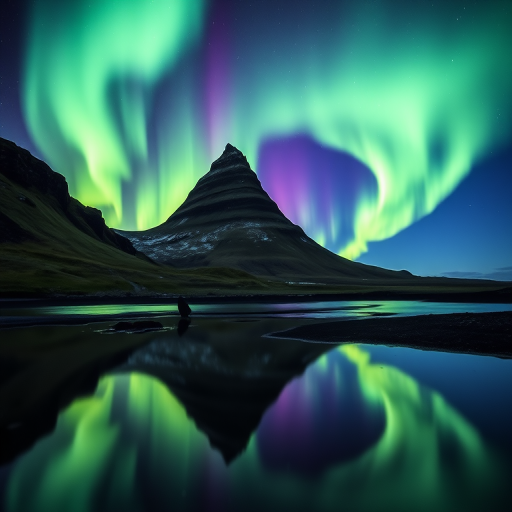 Regenerate a vibrant northern lights scene over Kirkjufell mountain at night with reflections in a calm water foreground, use a wide-angle lens, f/2.8 aperture, ISO 800, 30 seconds exposure, landscape orientation, DSLR camera settings.