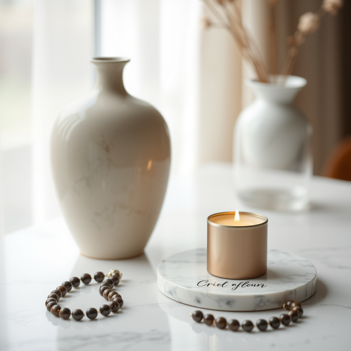 Capture a still life composition featuring a ceramic vase, a round marble plate with a candle and a beaded necklace, use a shallow depth of field, natural lighting, f/2.8 aperture, ISO 200, 50mm lens, and a soft focus background to enhance image quality.