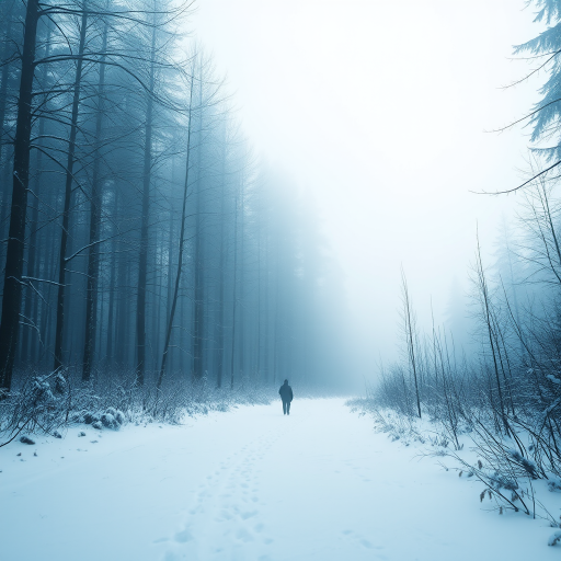 Create a serene winter forest scene with a lone figure walking through a snowy landscape, soft blue and white color palette, misty atmosphere, captured with a Canon EOS R5, 50mm lens, f/1.8 aperture, ISO 100, and a shallow depth of field to enhance the dreamlike quality.