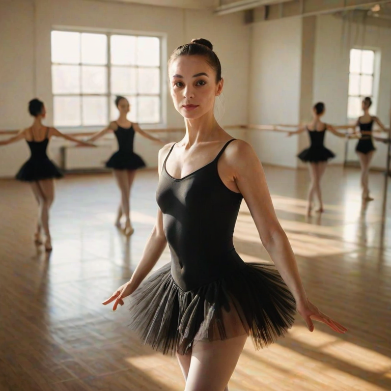 Soft-focus image of a woman practicing ballet in a sunlit studio, wearing a black leotard and tutu, with mirrors reflecting her graceful movements and soft light enhancing the scene.