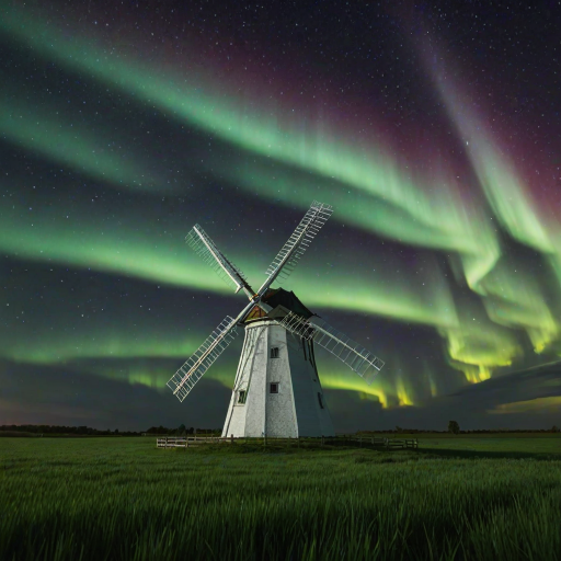 An ultra-realistic and highly detailed 4d, uhd photograph capturing a white windmill with wooden blades located in a green field. The night sky in the background is illuminated by an aurora borealis, which displays vibrant colors of green and red, blending together in a magical way and spreading across the firmament dotted with stars. The aurora borealis creates an impressive and dazzling visual effect, standing out against the dark sky. In the bottom right-hand corner of the image is a logo with the letters 'JB' and the word 'Photography'. The composition of the image combines the traditional element of the windmill with the extraordinary natural phenomenon of the Northern Lights, creating a unique and breathtaking scene.