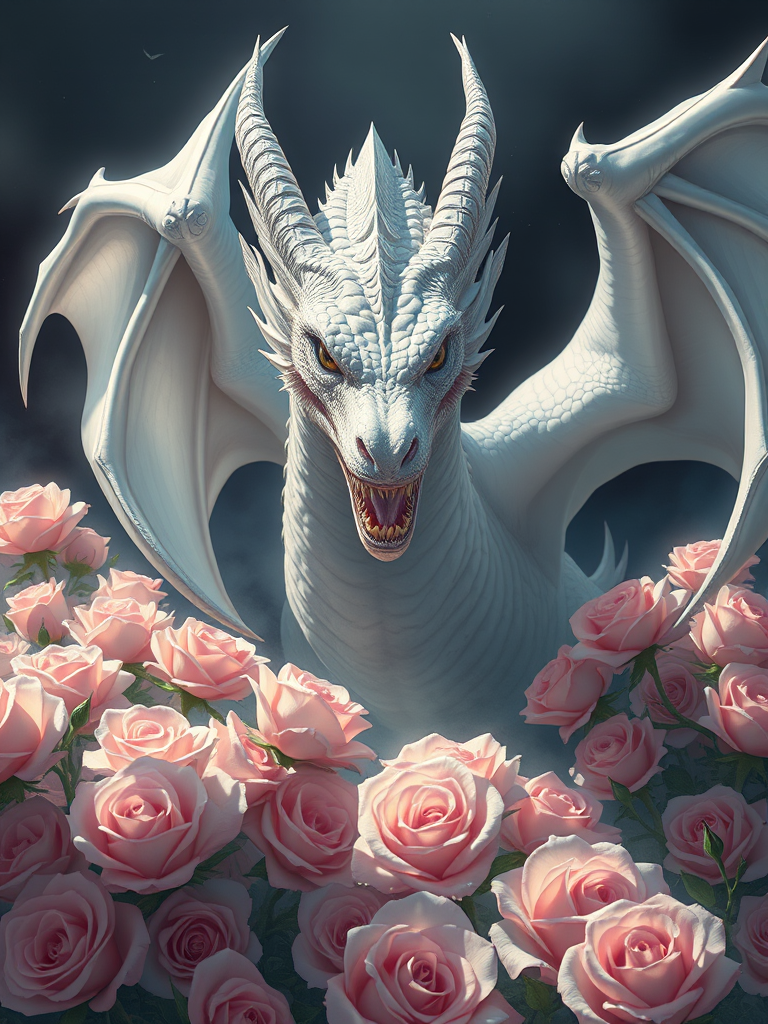 Create a highly detailed fantasy illustration of a fierce white dragon emerging from a bed of soft pink roses, with dramatic lighting and a dark, moody background, using a high-resolution digital camera setting of 50mm lens at f/1.8, ISO 100, and a soft focus style to enhance the vibrancy and depth of the scene.