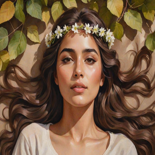 create a watercolor painting of an ethereal portrait of beautiful Kurdish woman with a simple white flower crown on her head. Her hair is long and she is lying on the ground. The sunlight on the trees casts shadows from the leaves on her face and body. The background is a neutral brown color that matches her skin tone. The image is minimalist and solid colors. This style is characterized by soft, delicate brushstrokes and a light, airy, contrasting color palette. High level of detail and play of light