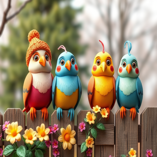 create a scene of 4 quirky  whimsical colourful comical birds each with a funny expression. they are sat on a wooden fence with colourful flowers. they are all different sizes. each one is a different colour  one is wearing a woolly hat. Each one has a different quirky google expression and there is a muted background of trees watercolour paintierly style high definition 8k resolution 3D paper mache