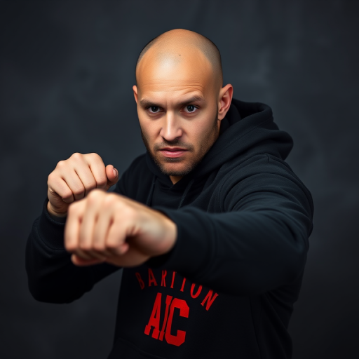 Capture a portrait of a bald man in a black hoodie with "BARTON ABC" printed on it, striking a boxing pose, using a Canon EOS R5 with a 50mm lens, aperture f/1.8, ISO 100, soft lighting to create depth, and a dark, textured backdrop for a dramatic effect.