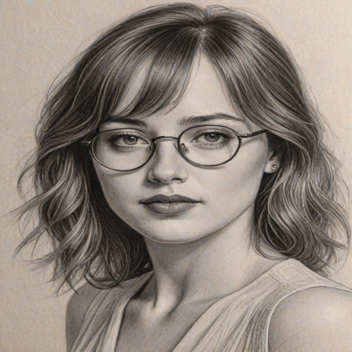 Bewitching Dakota Johnson, pencil sketch, portrait of Splendid woman 1932s in glasses, hair style beatnik, outline, clear lines, fine lines, 8k