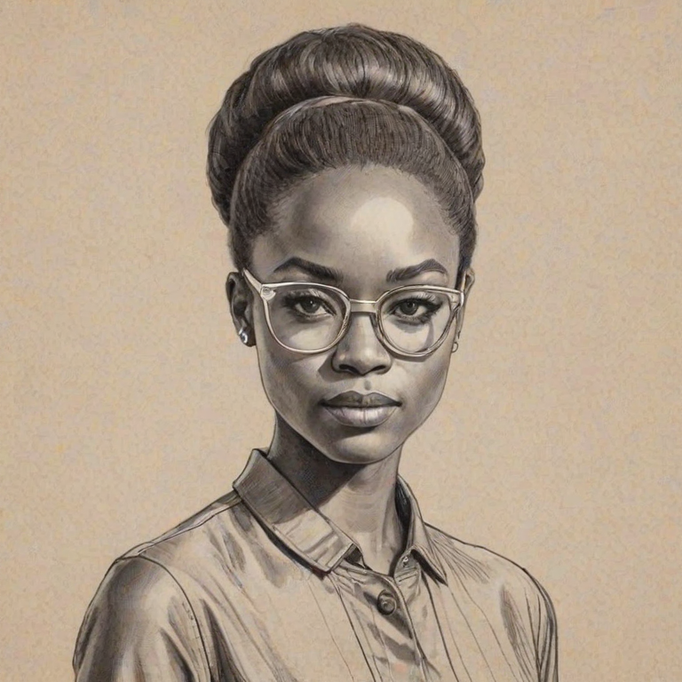Fetching Amanda Gorman, pencil sketch, portrait of Gorgeous woman 1960s in glasses, hair style beatnik, outline, clear lines, fine lines, 8k
