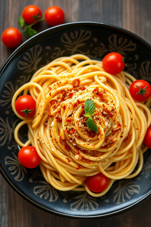 pasta dish with fettuccine noodles, crispy toppings, and cherry tomatoes on a decorative black plate, shot with a Canon EOS 5D Mark IV, 50mm lens, aperture f/2.8, ISO 200, natural lighting, shallow depth of field, top-down view