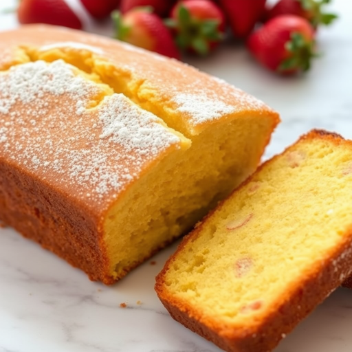 A freshly baked loaf of yellow cake with a golden brown crust lightly dusted with powdered sugar, sliced to reveal a moist interior, placed on a white marble surface with vibrant red strawberries in the background.